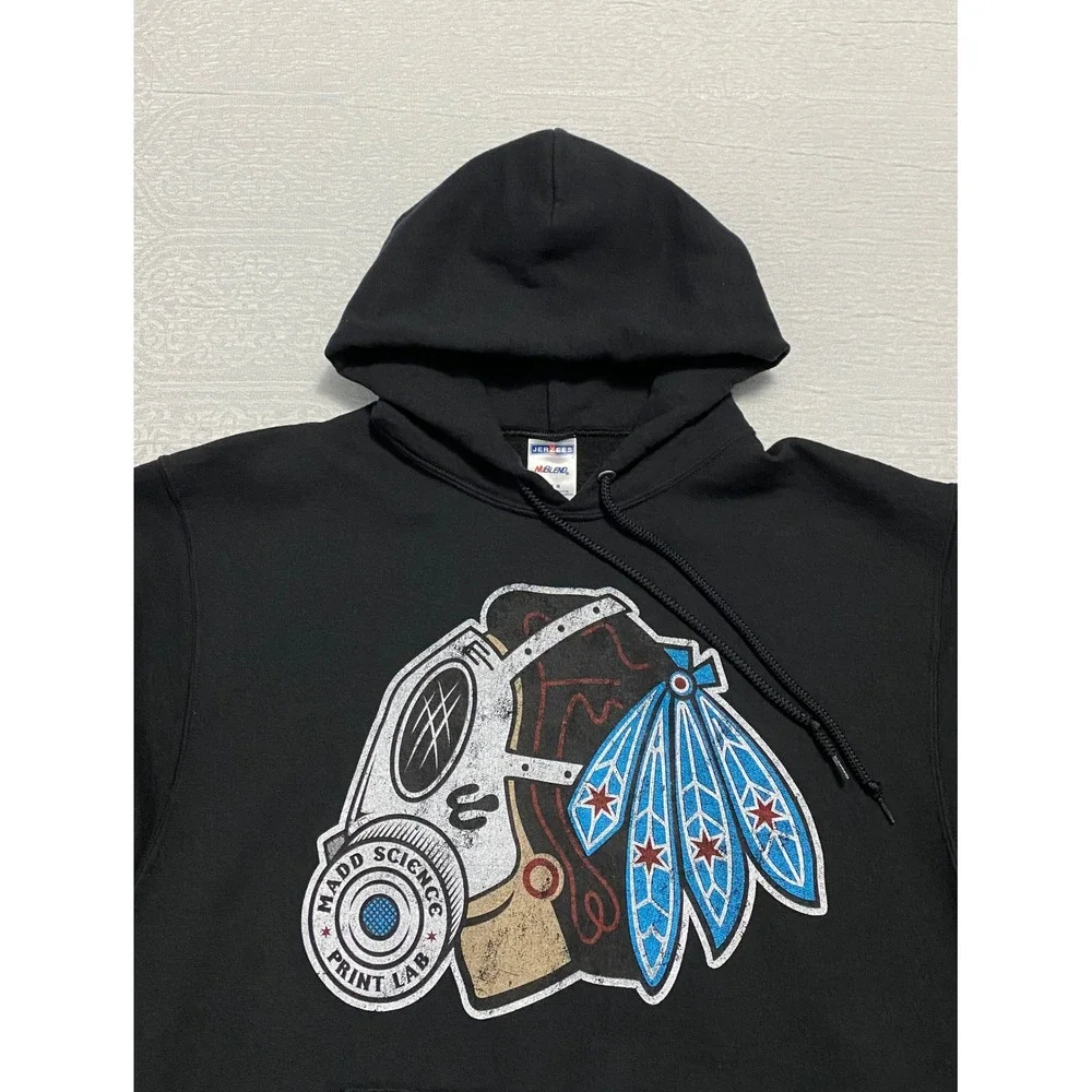 Madd Science Print Lab Graphic Hoodie Black Gas Mask Feather Logo Jerzees Mens M - Picture 2 of 9